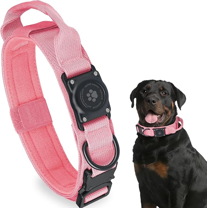 Tactical AirTag Dog Collar, 100% Waterproof Integrated Apple Air Tag Dog Collars with Hard PC AirTag Holder, Adjustable Military Collar with Handle, GPS Dog Collar for Medium Large Dogs(Pink,L)