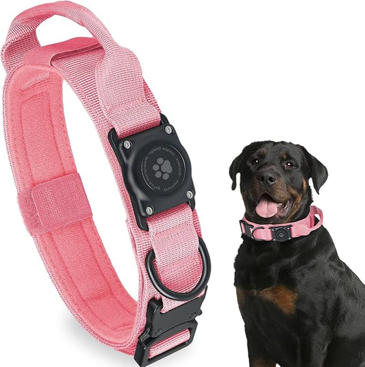 Tactical AirTag Dog Collar, 100% Waterproof Integrated Apple Air Tag Dog Collars with Hard PC AirTag Holder, Adjustable Military Collar with Handle, GPS Dog Collar for Medium Large Dogs(Pink,L)