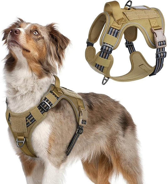 rabbitgoo Tactical Dog Harness Medium Sized Dog, No Pull Military Service Vest with Handle & Molle, Easy Control for Training Walking, Adjustable Reflective Straps, Brown, M