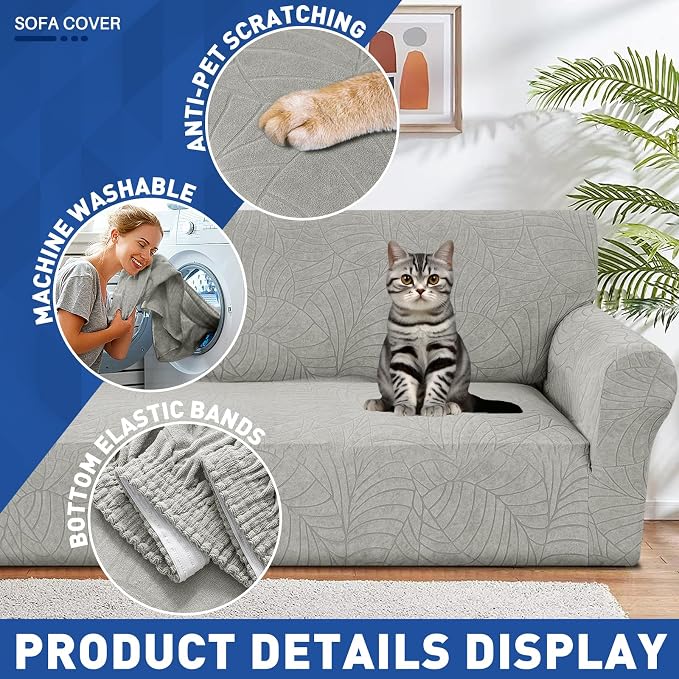 YEMYHOM Couch Cover Latest Jacquard Design High Stretch Sofa Covers for 3 Cushion Couch, Pet Dog Cat Proof Slipcover Non Slip Magic Elastic Furniture Protector (Large, Begonia Leaf Light Gray)