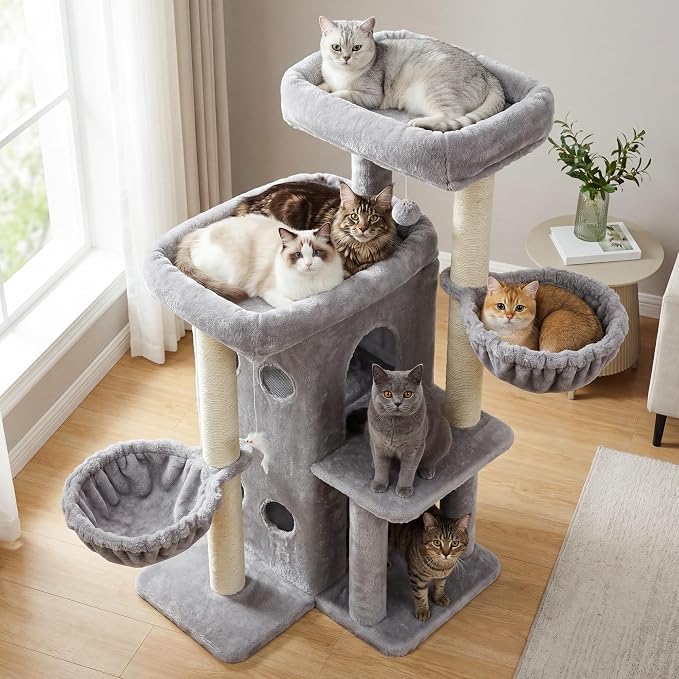 Heybly Cat Tree with Reinforced Big Base, 41.3-Inch Sturdy Cat Tower for Indoor Cats Featuring 2 Roomy Platforms, Double Cat Condo, 2 Cozy Baskets, Full Sisal Scratching Posts, Light Gray HCT075W