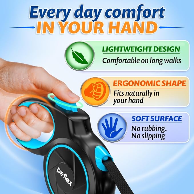 16.4 ft Retractable Dog Leash for Dogs 10–100 lbs - Heavy Duty Tape Leash with Strong Nylon Tape - 360° Swivel Control - One-Click Brake & Lock - Ergonomic Non-Slip Grip for Safe & Easy Daily Walks