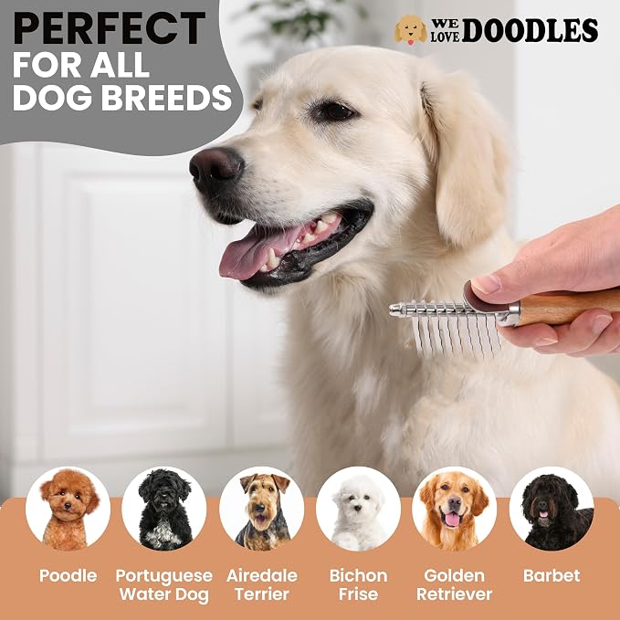 Dog Dematting Brush & Rake, Detangler Brush for Dogs, Comb Tool for Grooming, Best for Doodles, Poodles, Goldendoodles, Cats & Other Pets, Matted Fur Removal On Undercoat [We Love Doodles]