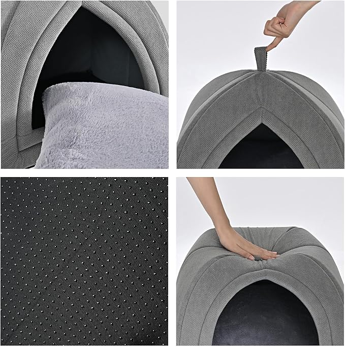 Amazon Basics Cat Cave Bed, 2-in-1 Foldable House for Indoor Cats, with Washable Cushion and Non-Slip Base, 17.5 x 17.5 Inches, Large, LightGray
