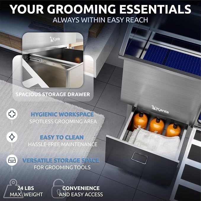 KANIS Professional Dog Washing Station 304 Stainless Steel Pet Wash Sink & Grooming Bathtub w/Shower, Floor Grates and Storage for Large, Medium & Small Pets (Silver, 50 Inches, Right Ramp, 1 Drawer)