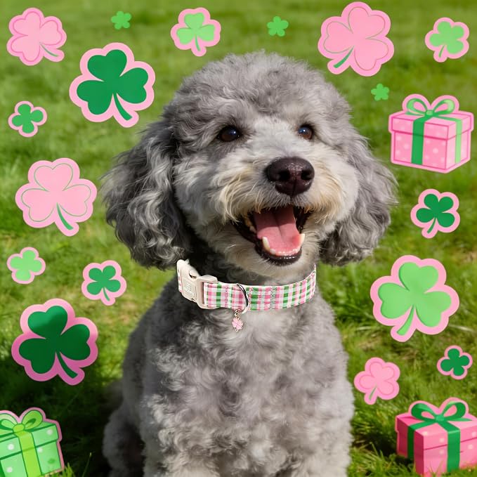 Maca Bates Pastel Plaid Dog Collar with Clover Charm,Pink and Green Gingham Pattern for Medium Girl Boy Dogs,Adjustable Durable Soft Checkered Collars Spring Gift for Male Female Puppy
