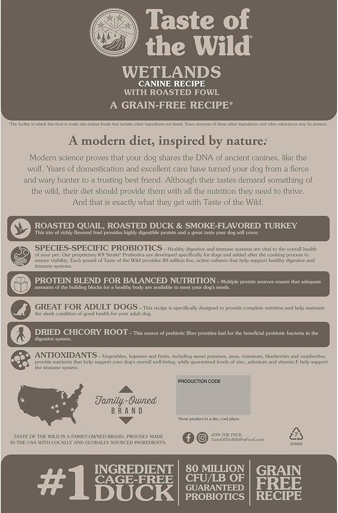 Taste of the Wild Wetlands Adult High Protein Grain-Free Recipe with Roasted Fowl Dry Dog Food 28lb