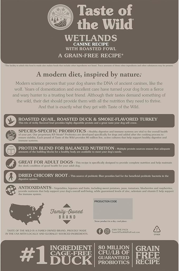 Taste of the Wild Wetlands Adult High Protein Grain-Free Recipe with Roasted Fowl Dry Dog Food 14lb