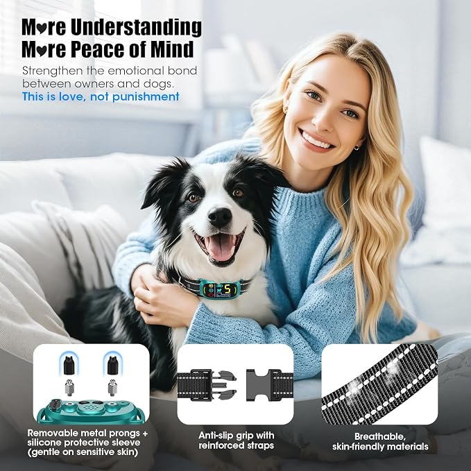 Smart AI Bark Collar for Large Medium Small Dogs, Anti Barking Device with 5 Training Modes, Exclusive Forced Bark-Stopping, Rechargeable IP67 Waterproof Bark Collar with 5 Sensitivity (Teal)