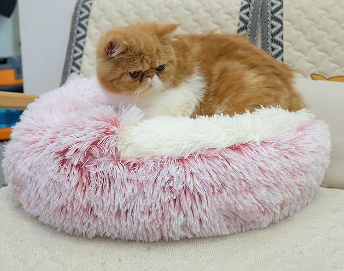 ZaneSun Calming Round Dog Bed & Cat Cave with Hooded Cover, Plush Fluffy Anti-Anxiety Cat Bed, Waterproof Bottom Washable (Pink, 20x20inch)