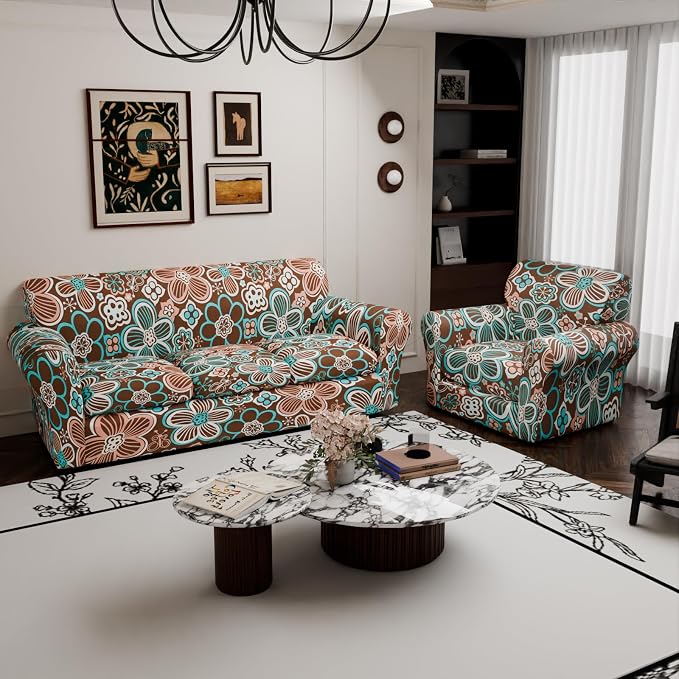 2 Piece Chair Covers Stretch Arm Chair Couch Covers, Floral Pattern Armchair Slipcover with Separate Chair Cushion Cover, Washable Furniture Protector for Living Room(Armchair,Ball Flower)