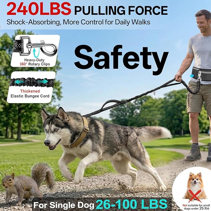 Hands Free Double Dog Leash for Two Dogs,240LB Heavy Duty Retractable with Partitioned Pouch Adjustable Waist for Walking Running Jogging Hiking Biking Training for Medium/Large(Not for＜25LBS)