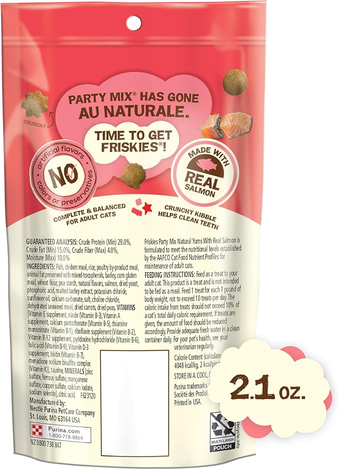 Purina Friskies Natural Cat Treats, Party Mix Natural Yums With Real Salmon and Vitamins, Minerals & Nutrients - (Pack of 10) 2.1 Oz. Pouches