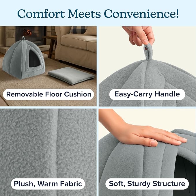 PETMAKER Indoor Cat House with Removable Foam Cushion for Cats, Kittens, Small Dogs & Small Pets, Plush Pet Bed Crate Tent Hideaway with Cozy Soft Interior, Gray Small Animal Sleep & Rest Space