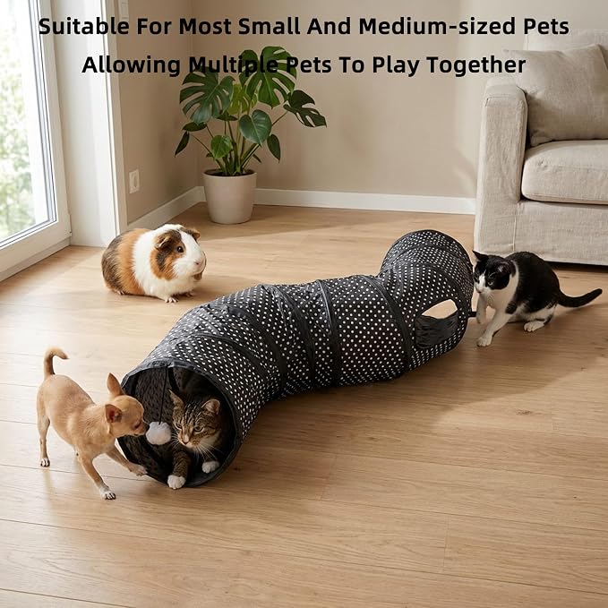 Cat Tunnel Collapsible, More Interactive Indoor Play Toy Tube for Cats & Kittens with Crinkle Paper and Peekaboo Holes(S)