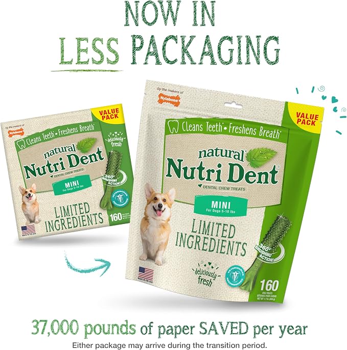 Nylabone Nutri Dent Natural Dental Chews for Dogs, Limited Ingredient Dog Treats Made in the USA, Clean Teeth & Fresh Breath, Healthy Dog Chews, Fresh Breath Flavor, For X-Small Dogs, (160 Count)