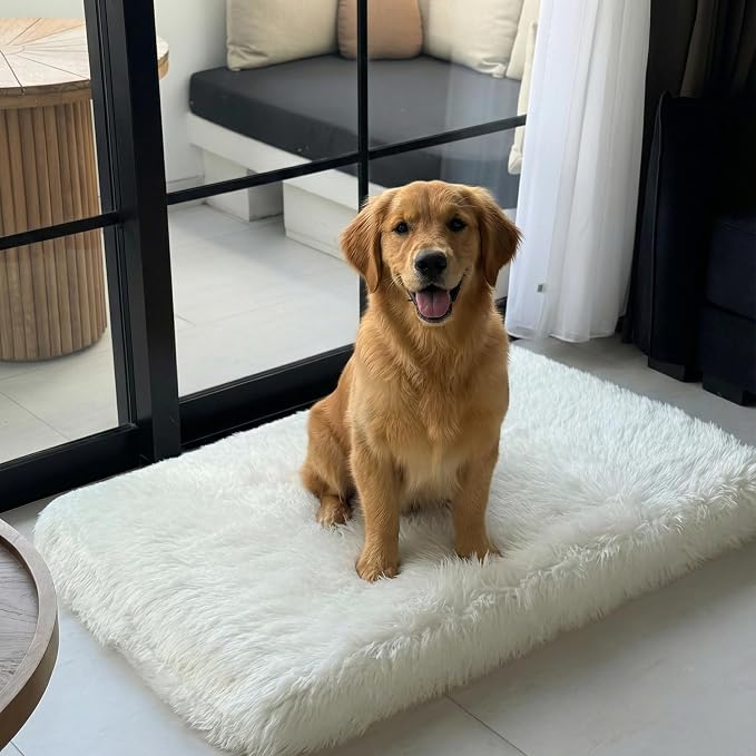 iHappyDog Faux Fur Orthopedic Dog Bed, Memory Foam Rectangular Crate Bed for Large XL Dogs, Plush Furry Bed That Looks Like a Rug, Calming Bed for Senior Dogs, Washable Cover - White, XLarge 47" x 29"
