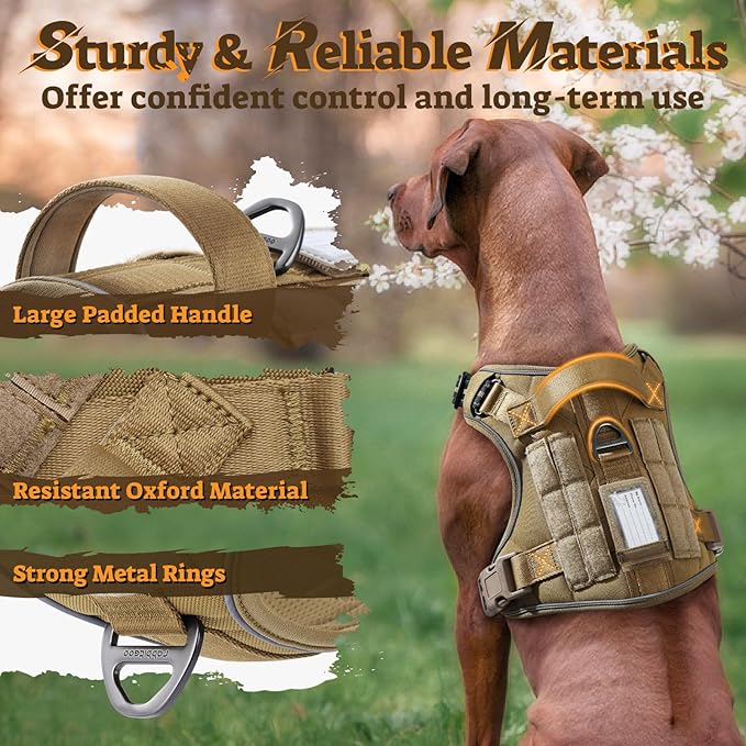 rabbitgoo Tactical Dog Harness for Large Dogs No Pull Adjustable Military Vest with Handle MOLLE Reflective Heavy Duty Dog Vest for Walking Training Hunting Outdoor Working Medium Size Dog Brown XL