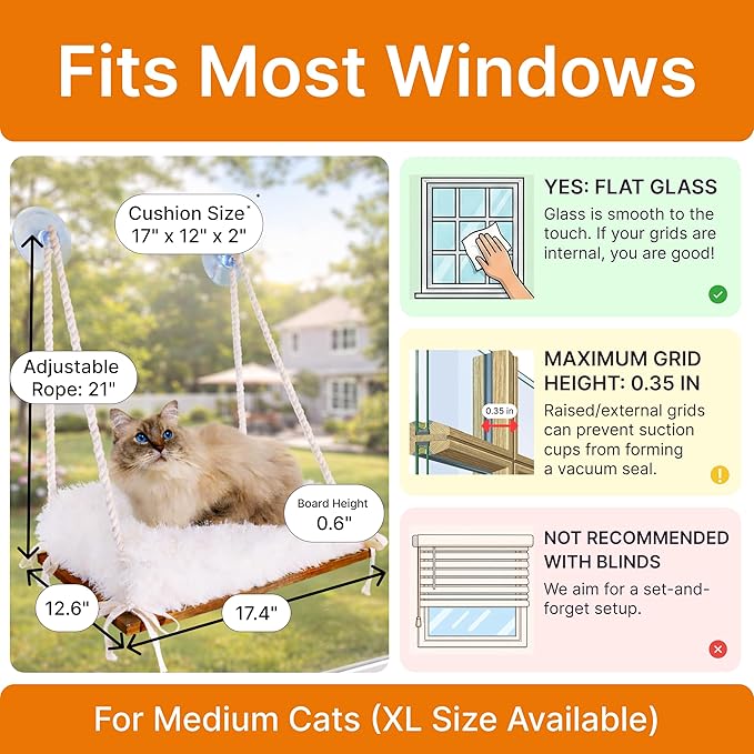 Cat Hammock with Industrial-Grade Suction Cups - Solid Pine Wood Seat, Soft Cushion - 42 lb Capacity