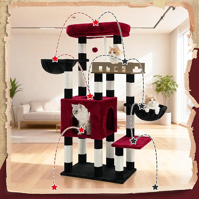 Gitelsnour Cat Tree for Indoor Cats Large Adult, Heavy Duty Cat Tree for Large Cats 20 lbs+, Cat Condo with Big Wooden Perch, Cat Tower with 14 Scratching Posts, Hammock, Black GCT023BR