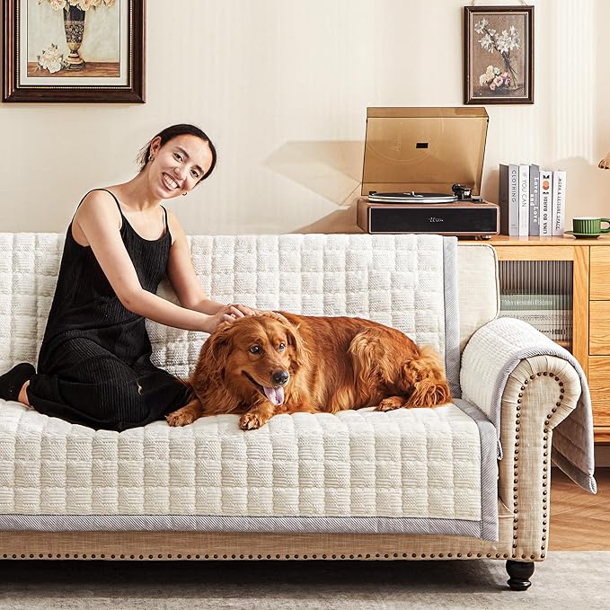 Couch Cover for Dogs Washable,Anti-Slip Back Cat Mat Pet Pad Blanket for Furniture Protector,Fuzzy Pet Sofa Cover for 3 Cushion Couch Sofa Pets Friendly (Ivory, 1pc/36"x58"/Seat Cover)