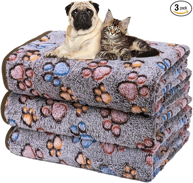 Dono 1 Pack 3 Dog Blankets, Soft Fluffy Fleece Pet Blanket Warm Sleep Mat Paw Print Design Puppy Kitten Throw Blankets Doggy Blanket for Dogs