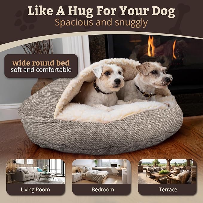Snoozer Cozy Cave Dog Bed - Indoor Dog Bed with Cover Cave, Covered Calming Burrow for Small Sized Pets with Blanket Attached, Enclosed, Removable Washable Cover - Small, Merlin Linen
