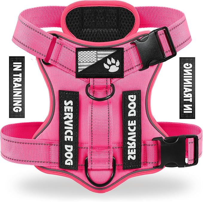 Service Dog Harness, Reflective Dog Vest Harness with 5 PCS Patches, Adjustable Soft Oxford Pet Harness, Inner Layer Mesh, Easy to Control for Small Medium Large Dogs, HotPink