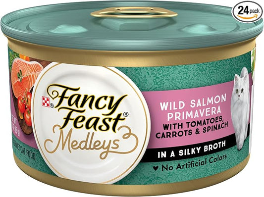 Purina Fancy Feast Wet Cat Food Medleys Wild Salmon Primavera With Tomatoes Carrots and Spinach in Silky Broth - (Pack of 24) 3 oz. Cans