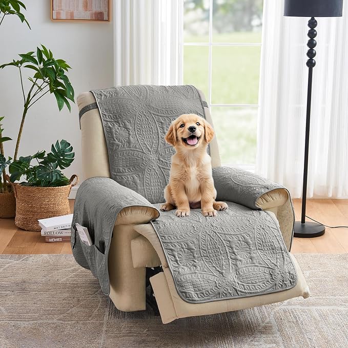 Gray Recliner Chair Covers, Quilted Décor Water-Repellent Medium Lazy Boy Chair Covers, Pet Friendly Recliner Cover for Dogs Cats, Washable Couch Cover (Recliner 26", Cool Gray)