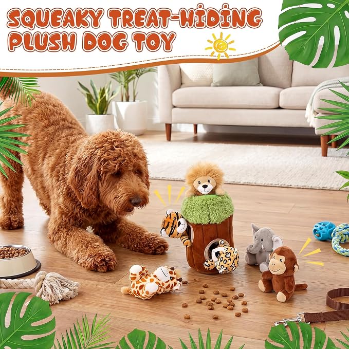 Skylety 7 Pieces Hide and Seek Dog Toys Activity Puppy Chew Squeaky Toys Plush Stuffing Burrow Woodland Stuffing with Squeakers for Small Medium Pets Dogs Puppy Gift(Lovely,Medium)