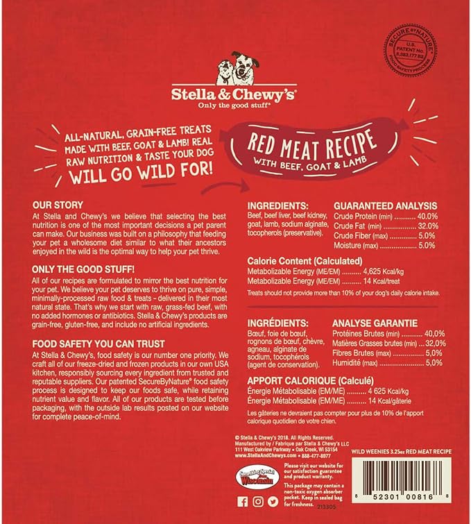 Stella & Chewy's Freeze-Dried Raw Wild Weenies Dog Treats - High-Protein Training Treats for Dogs & Puppies - All-Natural Red Meat Recipe with 97% Meat & Organs - USA Made - 3.25 oz Bag