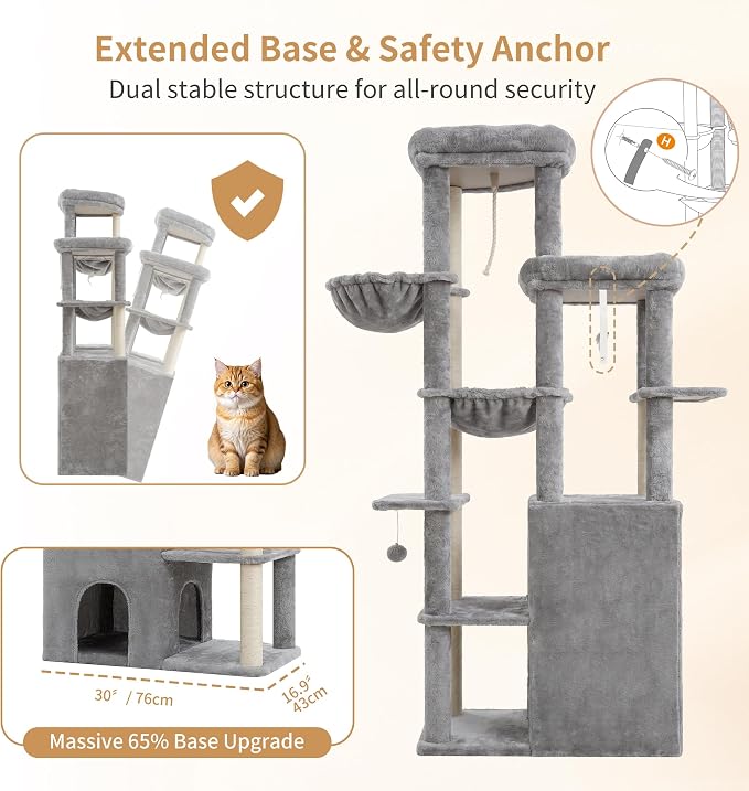 Heybly Cat Tree, 69.7 inches Secure Anti-Tip Cat Tower for Large Cats, Expansive Cat Furniture with Dual-Tier Cat Condo Villa, 2 Top Perches, Hammock & Full Sisal Scratching Posts, Light Gray HCT065W