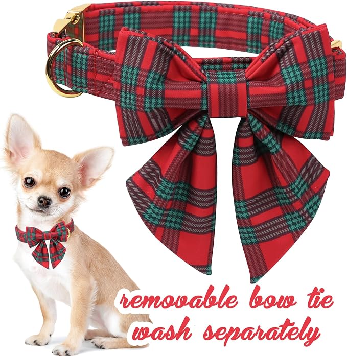 Unique Style Paws Christmas Dog Collar with Bowtie Red Green Plaid Cotton Puppy Collars for Small Medium Large Dogs