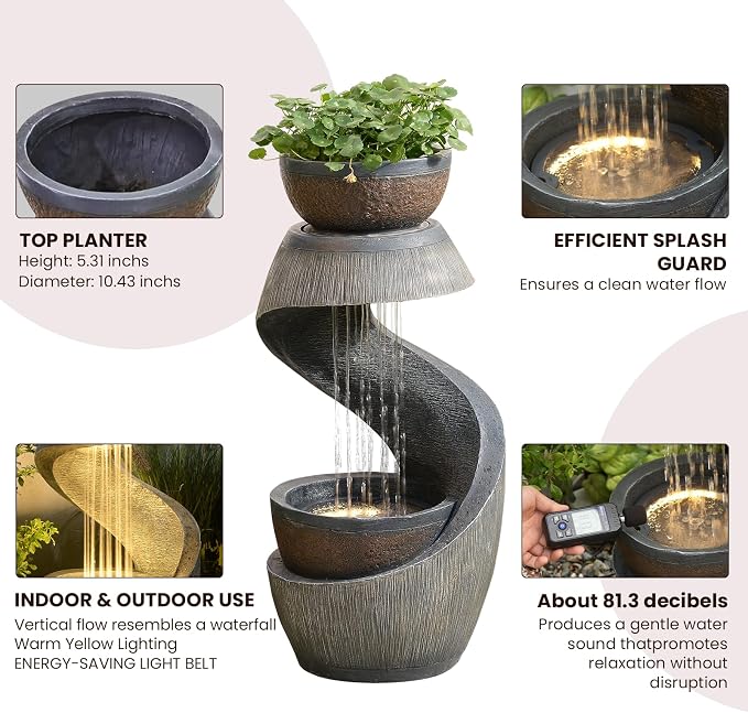 31.9" S-Shaped Outdoor Water Fountain with Lights – Resin Waterfall Fountain Outdoor with Planter Bowl, Modern Grey Garden Water Feature for Patio, Balcony, Yard, Home Decor