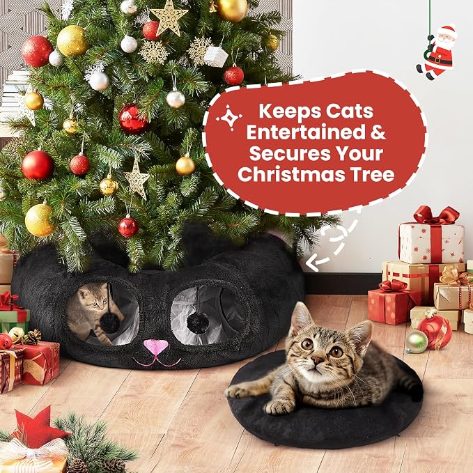 Cat Tunnel Bed for Indoor Cats, Peekaboo Cat Cave with Washable Soft Play Mat, Furry Cat Tube, for Kitten/Puppy/Rabbit, Kitten Series Black Pink