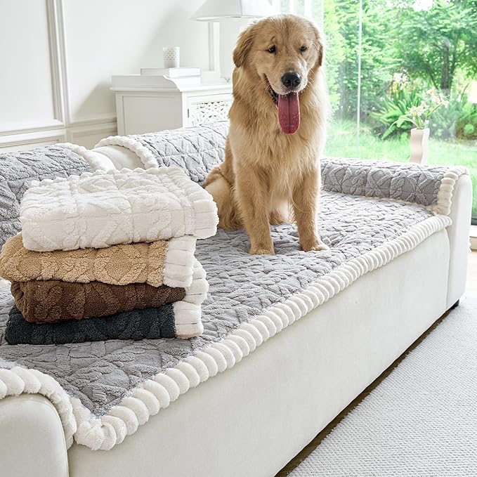 Fuzzy Couch Covers for Dogs, Non Slip Thick Dog Couch Cover Protector, Plush Pet Couch Covers for Sofa Washable, Soft Sofa Cushion Slipcovers Pet Friendly(1PC, Light Grey, 27.6”x94.5”)