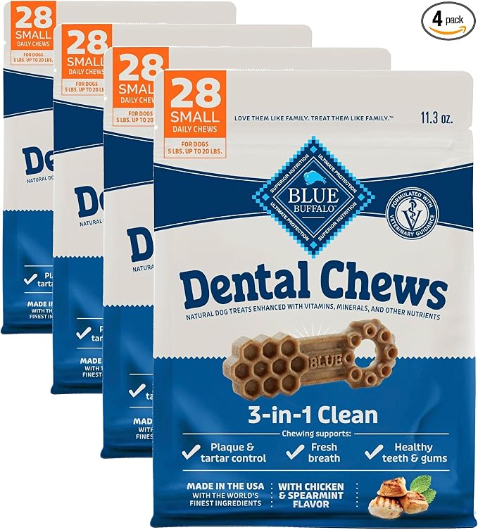 Blue Buffalo Dental Chews Small Natural Dog Treats, Chicken & Spearmint 11.3-oz Bag (28 Count) (Pack of 4)