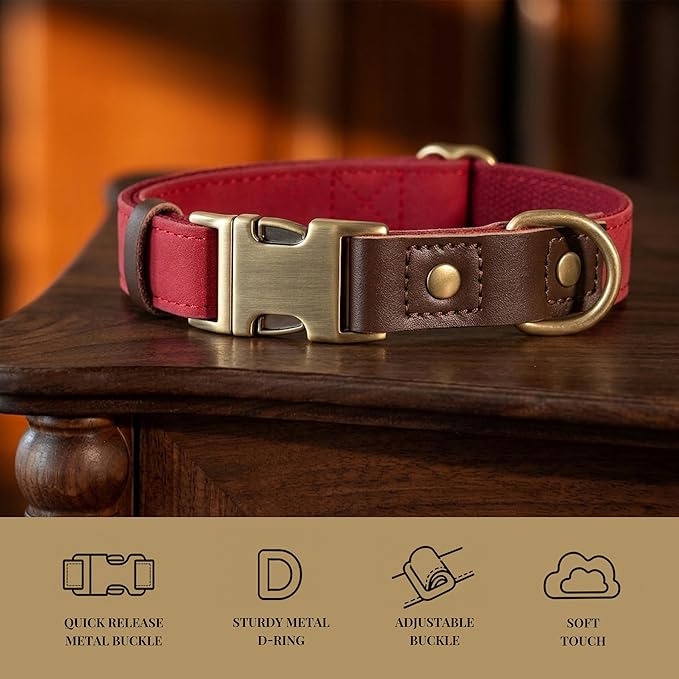 Didog Soft PU Leather Dog Collars for Medium Dogs,Classic Adjustable Dog Collars with Quick Release Metal Buckle,Easy Clean and Comfortable with Nylon Lining,Red,M Neck 14-19"