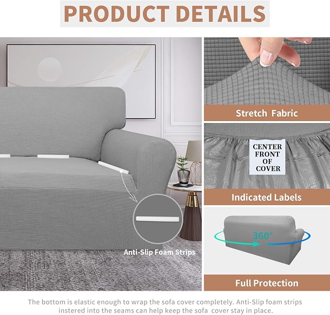 Easy-Going 100% Waterproof Couch Cover, Dual Waterproof Sofa Cover, Stretch Jacquard Sofa Slipcover, Leakproof Furniture Protector for Kids, Pets, Dog and Cat (Oversized Sofa, Light Gray)