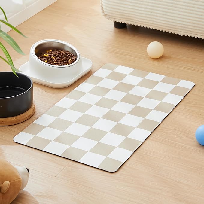 Checkered Dog Feeding Mat, Absorbent Mats for Dog Food and Water Bowl, Dispenser, Retro Aesthetic Beige Khaiki Checkerboard Pet Placemat for Dogs, Cats, Puppy Accessories, 16" X 24”