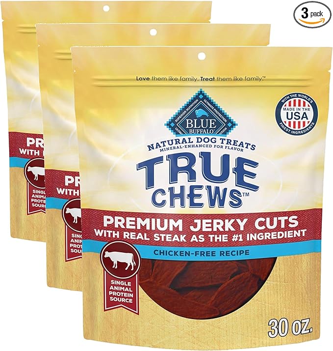 Blue Buffalo True Chews Premium Jerky Cuts Dog Treats, Made in The USA with Natural Ingredients, Beef, 30-oz Bag (Pack of 3)