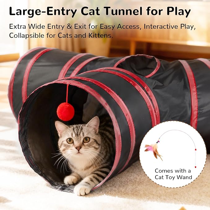 Tempcore Cat Tunnel for Indoor Cats, 3 Way Collapsible Pet Play Tunnel with Teaser Wand, Peek Holes & Hanging Ball, Interactive Tube for Kittens & Rabbits, Black & Red