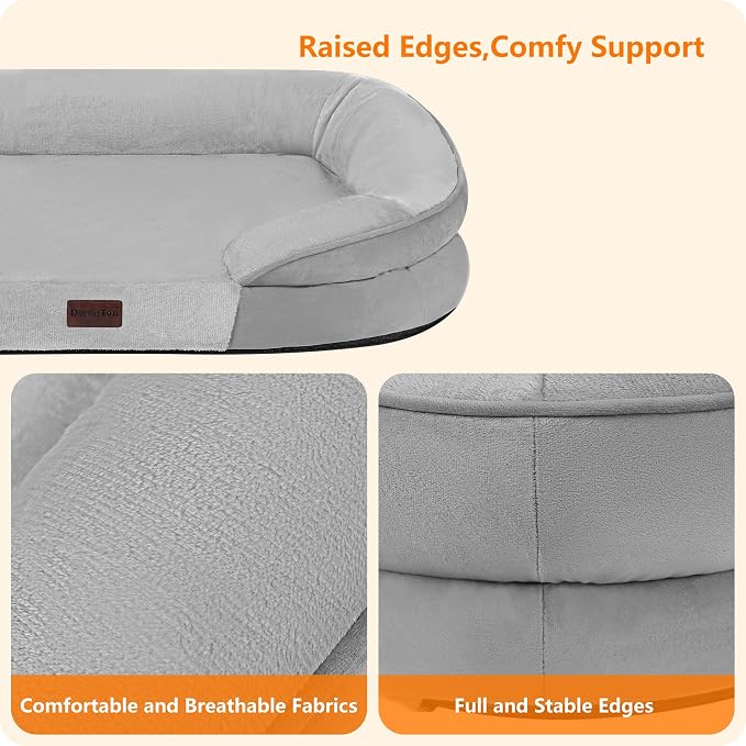 Dwanton Orthopedic Dog Bed for Large Dogs with Gel Memory Foam, Waterproof Dog Sofa, Washable Pet Bed with Four Sided Bolster Cushion, Removable Cover & Non-Slip Bottom, 42", Light Grey