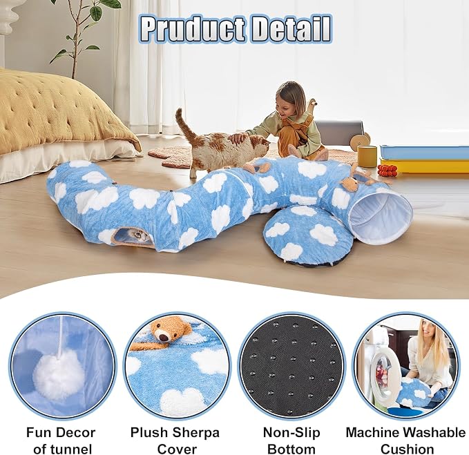 Cat Tunnel Bed, Tunnels for Indoor Cats with Washable Circle Cushion, Multifunctional Peekaboo Cave Donut Tubes Tunnel for Cat Kitty Kitten Puppy Rabbit Ferret (Sky Blue)