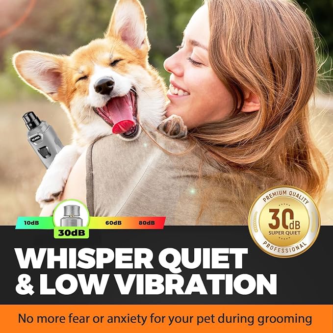 Whisper Quiet Dog Nail Grinder with 4 LED Lights, Safe & Stress-Free for Sensitive Dogs Cats of All Breeds & Sizes, 3 Grinding Bits, 3-Speed, Pet Nail Trimmers, Rechargeable Painless Grooming Kit Grey