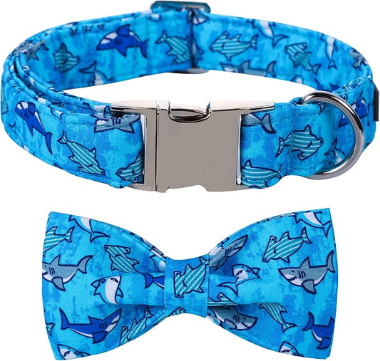 Maca Bates Summer Shark Dog Collar with Bow Tie Cute Blue Puppy Beach Bowtie Collars Sharks Adjustable Durable Soft for Dogs for Girl Boy Male Female Pets with Metal Buckle,Small