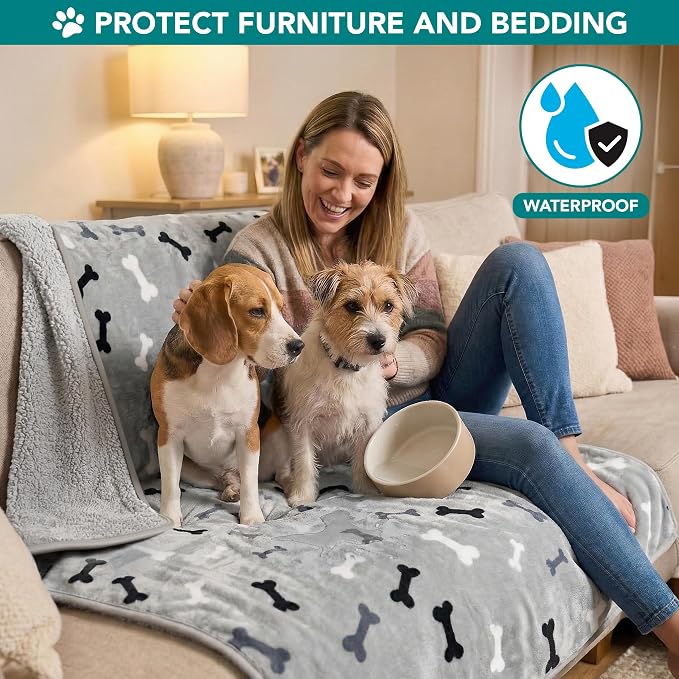 PetAmi Premium Waterproof Dog Blanket for Large Dogs, Reversible Sherpa & Flannel Fleece, Leakproof Pet Throw for Couch Protection, Soft Plush Furniture Protector for Cats, Washable, 60x80 Bone Grey