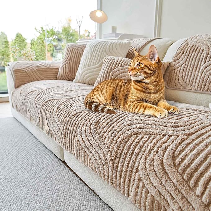 OTOB Couch Covers for 3 Cushion Couch Sofa Pet Friendly, Washable & Non Slip Fuzzy Plush Sofa Cover Slipcovers, All Seasons Ultra Soft Furniture Protector, 1 Piece (Coffee, 27.6"x70.9")