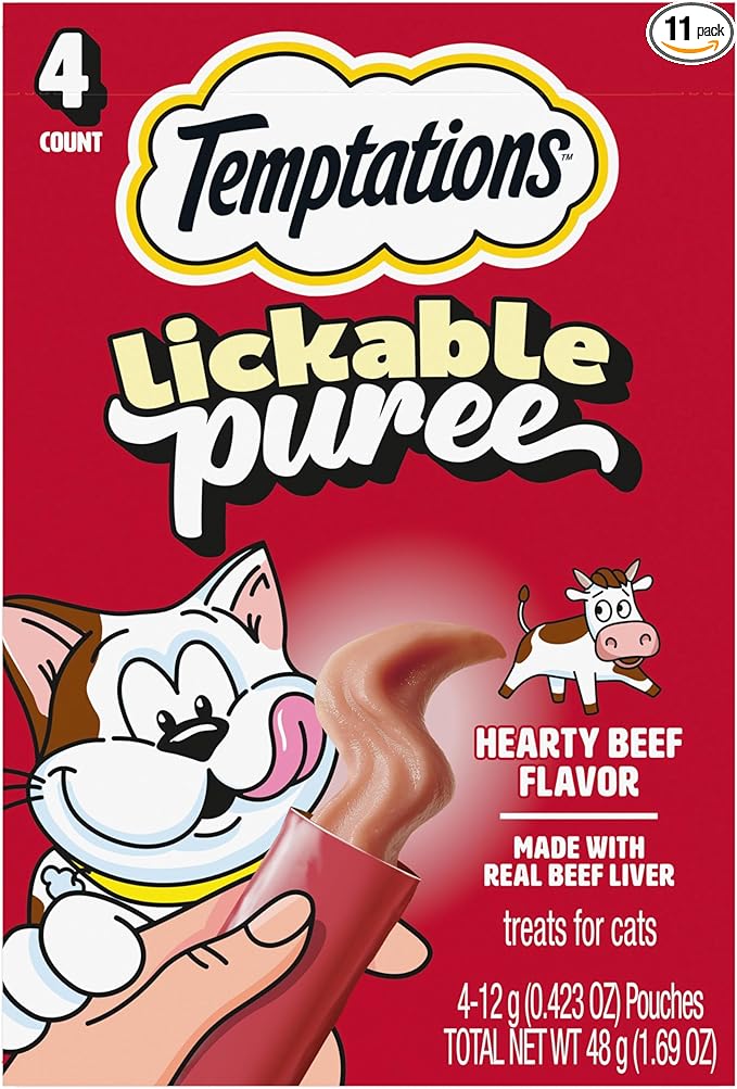 Temptations Creamy Puree Squeezable Lickable Cat Treats, Wet Cat Treats with Beef Liver, 0.42 oz. Tubes, 4 Count, Pack of 11 (44 Total)